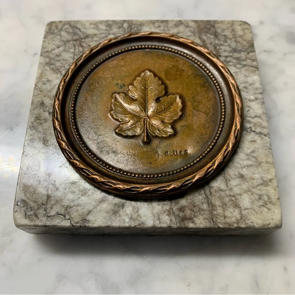 Albert Gilles Small Copper Plate Mounted On Marble Base 4” Paperweight Coaster